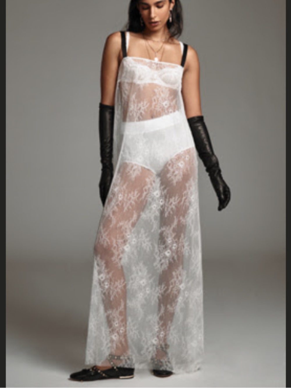 Sheer Lace Maxi Slip Dress in White